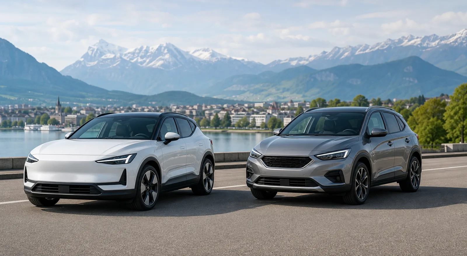 Illustration of an electric car and a petrol SUV for a Swiss vehicle tax comparison